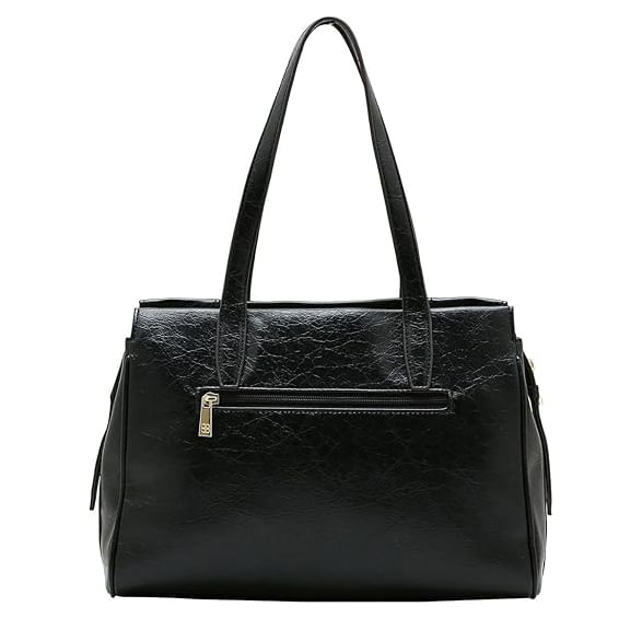 Bolsa feminina preta Chenson Boho Chic vista traseira com alças duplas longas e bolso externo
